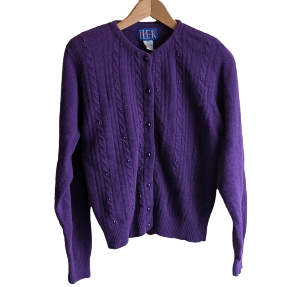 Vintage Wool Angora Cardigan Purple Cable Knit Beading M